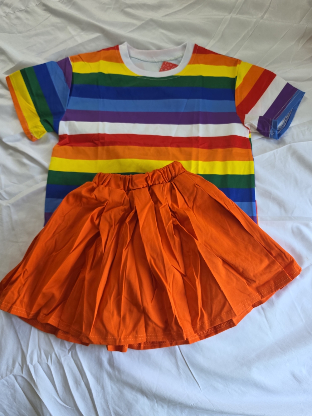 PatPat Rainbow Stripe Tee with Orange Skirt